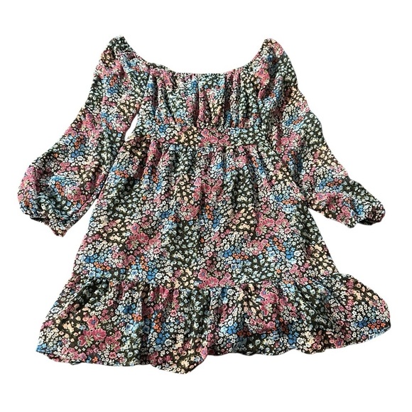 Rewind Dresses & Skirts - Rewind women's size medium mini off the shoulder black floral dress, ties back